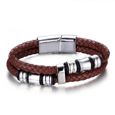 Bracciale da Uomo in Pelle Intrecciata Con Chiusura Magnetica in Acciaio Inossidabile Marrone Doppio Filo Gioielli di Moda per Uomo Uso Quotidiano