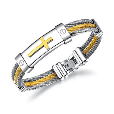 Men Titanium Steel Cross Bracelet Three Row Cable Wire Braided Two Tone Gold Silver Stainless Steel Bangle Punk Jewelry