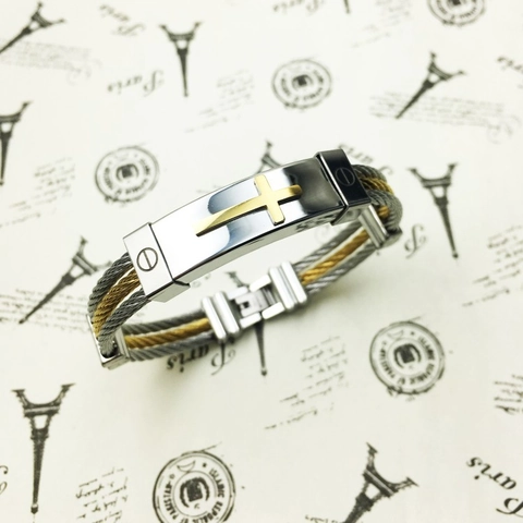 Men Titanium Steel Cross Bracelet Three Row Cable Wire Braided Two Tone Gold Silver Stainless Steel Bangle Punk Jewelry