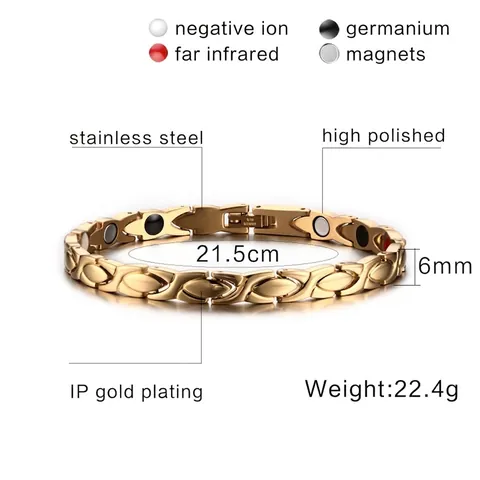 Pulsera de Terapia Magnética de Acero de Titanio Dorado para Mujer Elegante Diseño Geométrico de Eslabón X Joyas de Salud de Acero Inoxidable