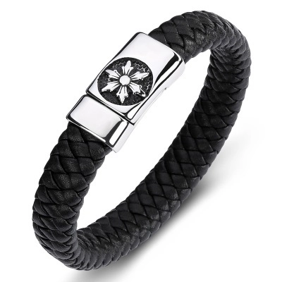 Pulsera de Cuero Trenzado Negro Vintage para Hombre Cierre de Aleación de Plata Punk Gótico Estrella Relieve Joyería