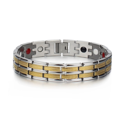 Men Stainless Steel Magnetic Therapy Bracelet Two-tone Gold Silver Healthy Jewelry Wheat Ear Pattern Link Bracelet