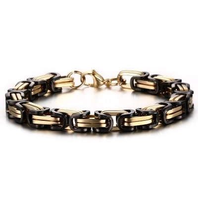 Men's Rugged Byzantine Chain Bracelet Titanium Steel Two Tone Black Gold Mechanical Style Biker Jewelry Wristband Gift