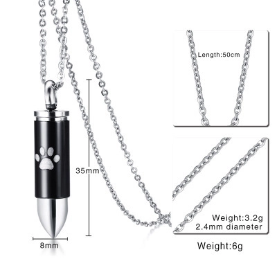 Titanium Steel Bullet Urn Necklace Men Paw Print Memorial Pendant Jewelry Gold Black Optional Chain Keepsake Necklace