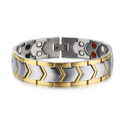 Heren Titanium Staal Dubbelrijige Magnetische Therapie Armband Tweekleurig Goud Zilver V-Vorm Schakelketting Armband Sieraden