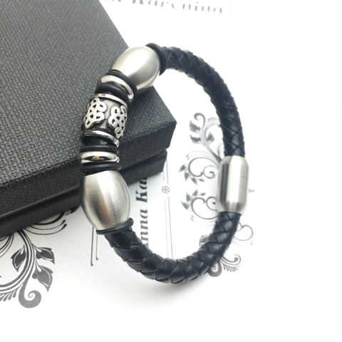 Vintage Braided Genuine Leather Bracelet For Men Stainless Steel Magnetic Clasp Celtic Knot Punk Polished Biker Jewelry
