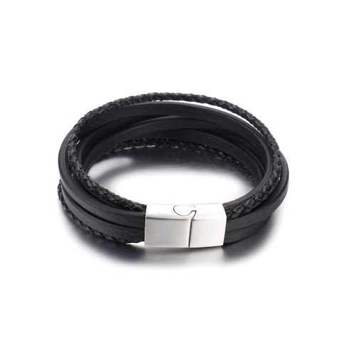 Pulsera de Cuero Tejido de Varias Capas para Hombre Con Cierre Magnético de Acero Inoxidable Estilo Punk Minimalista Joyería