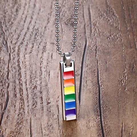 Minimalist Stainless Steel Rainbow Rectangle Pendant Necklace LGBTQ Pride Six Color Enamel Striped Bar Jewelry