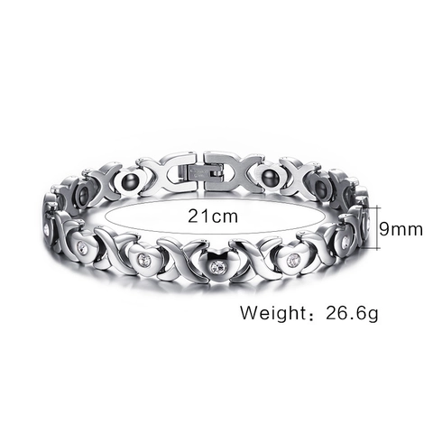 XOXO Heart Stainless Steel Magnetic Therapy Bracelet For Women Silver Rhinestone Inlaid Link Chain Fashion Jewelry