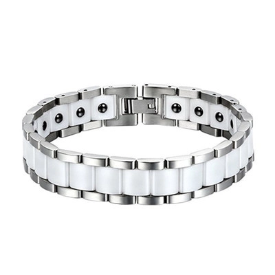 Polierter Titanstahl Keramik Magnetfeldtherapie Armband Für Herren Silber Weiß Zweifarbig Geometrisches Gliederkettenarmband Schmuck