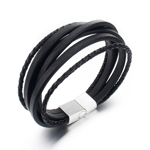 Pulsera de Cuero Tejido de Varias Capas para Hombre Con Cierre Magnético de Acero Inoxidable Estilo Punk Minimalista Joyería