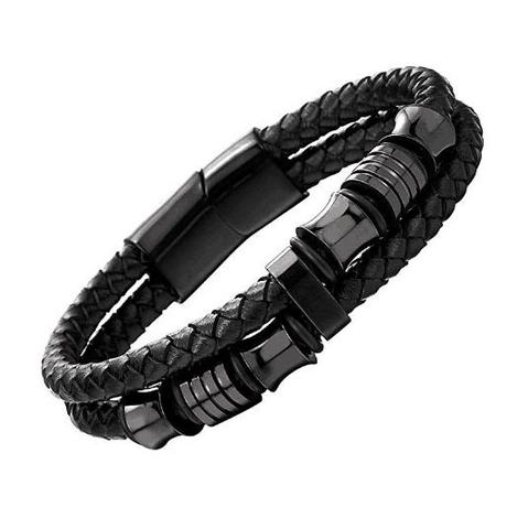 Pulsera de Cuero Trenzado para Hombre Con Cierre Magnético Anillos de Metal Negro Estilo Industrial Doble Capa Joyería Regalo