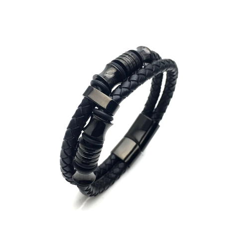 Pulsera de Cuero Trenzado para Hombre Con Cierre Magnético Anillos de Metal Negro Estilo Industrial Doble Capa Joyería Regalo