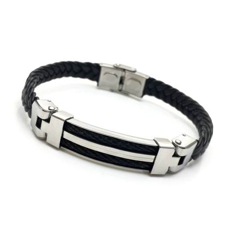 Herren Industrie Stil Geflochtenes Schwarzes Lederarmband Mit Edelstahl H Verbinder Poliertes Finish Mode Schmuck Geschenk