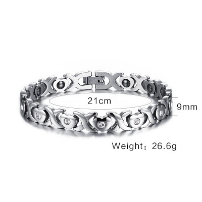 Pulsera Magnética XOXO De Acero Inoxidable Con Corazón Para Mujer Plateada Con Strass Incrustado Cadena De Eslabones