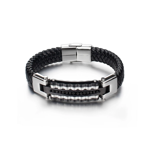 Bracciale in Pelle Intrecciata da Uomo Punk Rock Gotico in Acciaio Inossidabile Oro Argento Nero Metallo Motivo a Onde Gioielli Regalo