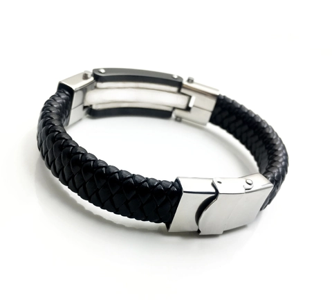 Men Fashion Woven Leather Bracelet With Stainless Steel Plate Industrial Style Braided Bangle Jewelry For Men Gift