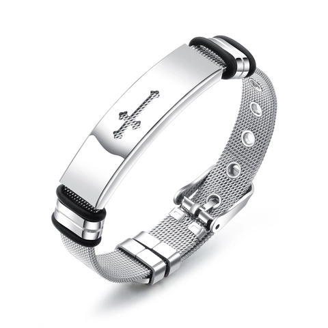 Business Herren Titanstahl Mesh Armband Silber Schwarz Metall Kreuz Anhänger Verstellbar Herren Schmuck Accessoire Für Alltag
