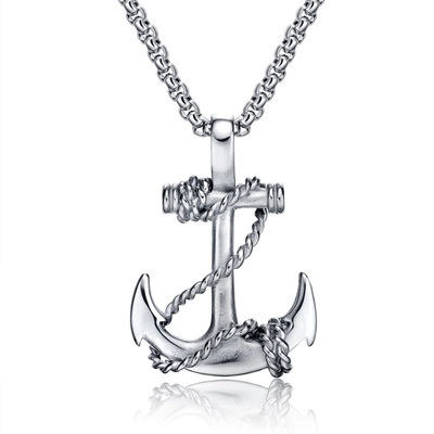 Vintage Men Stainless Steel Nautical Anchor Pendant Necklace With Simulated Rope Detail Box Chain Punk Jewelry For Gift