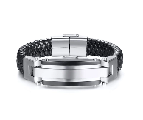 Pulsera de Cuero Tejido para Hombre con Placa de Acero Inoxidable Brazalete Trenzado de Estilo Industrial Joyería para Hombre Regalo