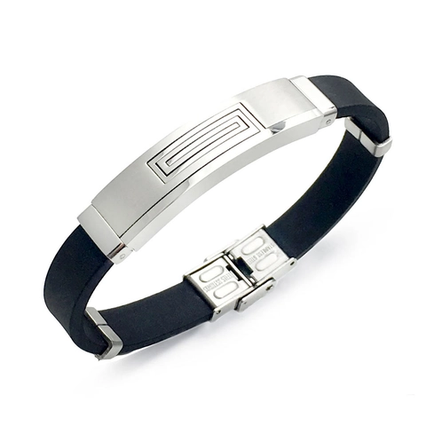 Men's Fashion Stainless Steel Bracelet With Black Silicone Strap Geometric Pattern Polished Finish Adjustable Wristband Jewelry Gift