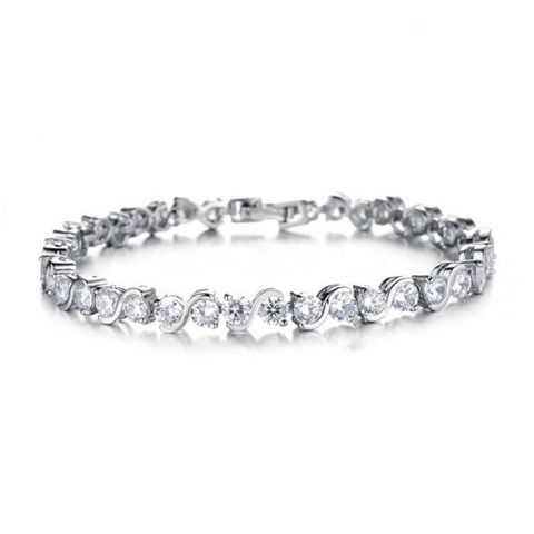 Elegante Pulsera Tennis de Cobre en Onda para Mujer Tono Plateado Diamantes de Imitación Geométrica Incrustada Joyería Regalo