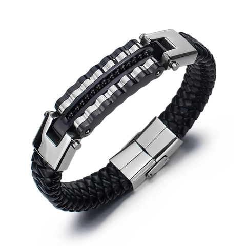 Bracciale in Pelle Intrecciata da Uomo Punk Rock Gotico in Acciaio Inossidabile Oro Argento Nero Metallo Motivo a Onde Gioielli Regalo