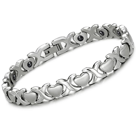 Bracciale in Acciaio Inossidabile Lucido Cuore XO Magnetoterapia per Donna Argento Hugs And Kisses Gioielli Minimalisti Regalo