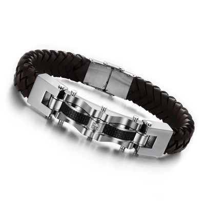 Herren Geflochtenes Leder Armband Mit Edelstahl Kohlefaser Einlage Strass Dekorativ Industriedesign Schmuck Für Herren