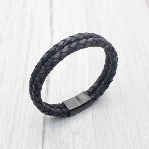 Retro Herren Geflochtenes Lederarmband Edelstahl Magnetschließe Minimalistisch Doppellagig Lässig Handschmuck Zubehör