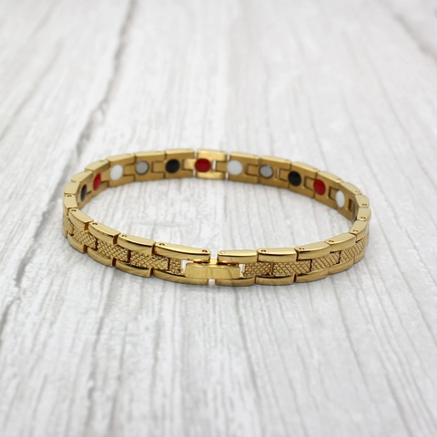 Braccialetto per Magnetoterapia in Acciaio Inossidabile Oro da Donna Moda con Motivo a Griglia Gioielli con Magneti per la Salute