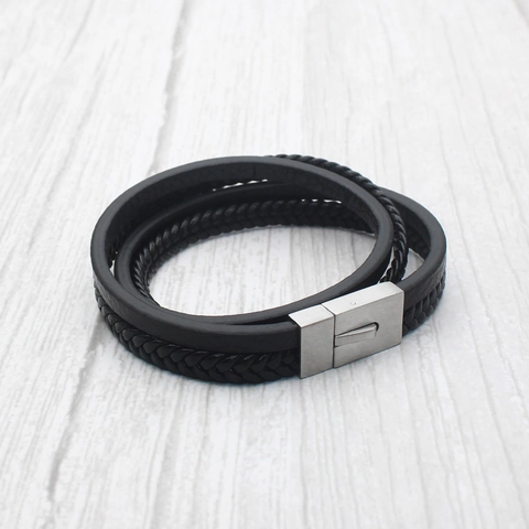 Herren Mehrlagiges Gewebtes Lederarmband Edelstahl Magnetverschluss Minimalistisches Geflochtenes Armband Mode Schmuck
