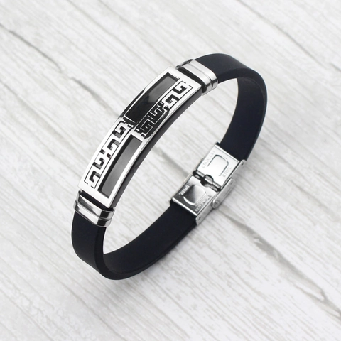 Men's Silicone Stainless Steel Greek Key Bracelet Hollow Meander Pattern Bangle Fashion Jewelry Accessory Gift Gold Silver Black