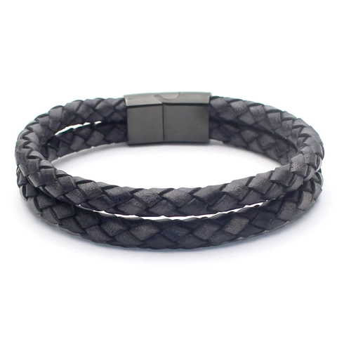 Retro Herren Geflochtenes Lederarmband Edelstahl Magnetschließe Minimalistisch Doppellagig Lässig Handschmuck Zubehör