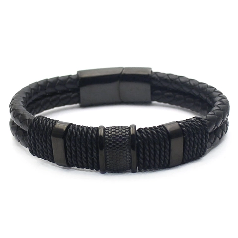 Pulsera de Cuero Trenzado para Hombre Doble Capa Negro Aleación Cierre Magnético Muñequera Minimalista Casual Joyería Regalo