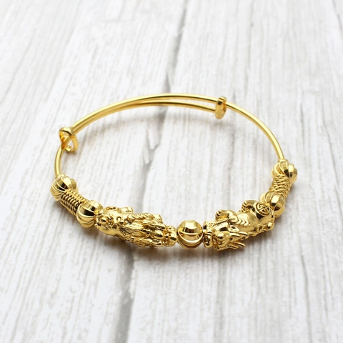 Bracelet Jonc Réglable Tête de Dragon Pi Xiu en Cuivre Plaqué Or Style Ethnique Bijoux de Mariage pour Femme