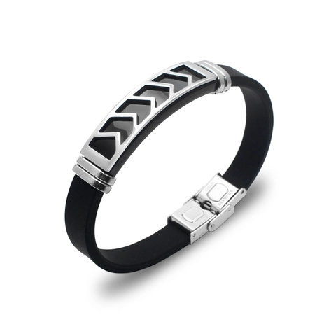 Bracciale da Uomo in Silicone e Acciaio Inossidabile Moda Geometrica Traforata con Motivo a V Cinturino in Gomma Nera