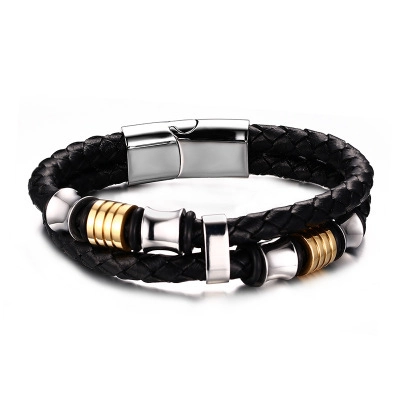 Heren Armband Doppelreihig Geflochtenes Leder Edelstahl Magnetverschluss Gold Silber Mode Punk Armreif Geschenk