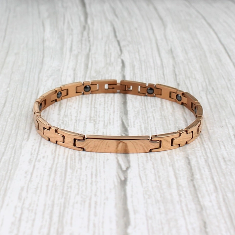 Bracciale in Acciaio Inossidabile per Magnetoterapia in Oro Rosa per Donna Gioielli di Moda per la Salute Catena a Maglie Con Piastra ID