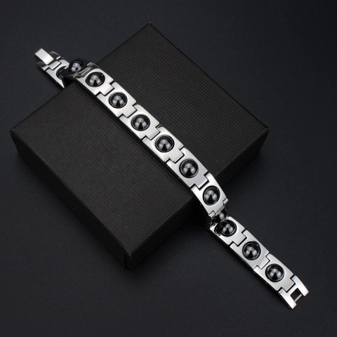 Men Titanium Steel Magnetic Therapy Bracelet Industrial Polished Silver Chain With Round Black Magnetic Beads Minimalist Jewelry Gift For Men