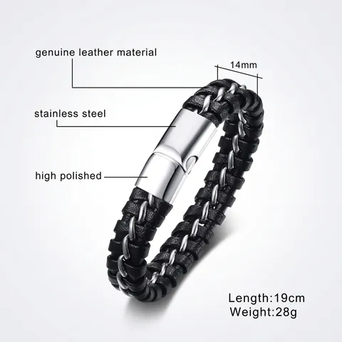 Bracciale da Uomo in Vera Pelle Intrecciata e Acciaio Inossidabile Catena in Metallo Geometrica Chiusura Magnetica Gioielli Oro Argento