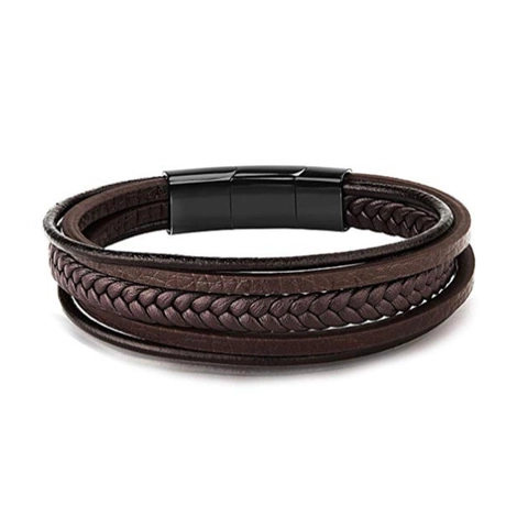 Pulsera Multicapa de Cuero Trenzado para Hombre Con Cierre Magnético de Acero Inoxidable Joyería Casual Retro Marrón