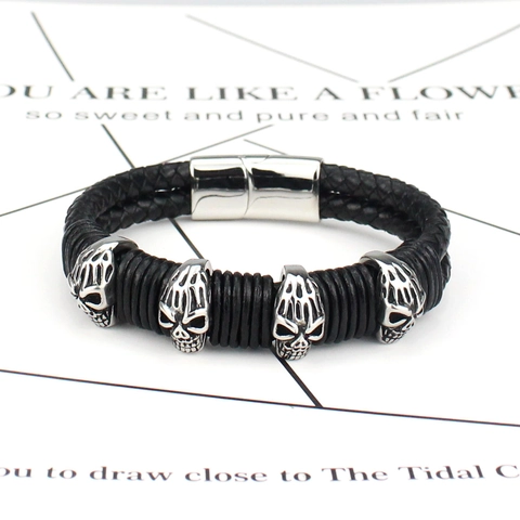 Men Punk Skull Leather Bracelet Stainless Steel Magnetic Clasp Braided Cord Gothic Rock Biker Fashion Jewelry Hand Accessory
