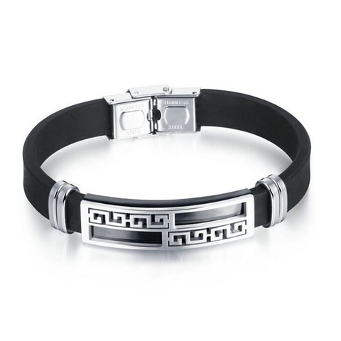 Men's Silicone Stainless Steel Greek Key Bracelet Hollow Meander Pattern Bangle Fashion Jewelry Accessory Gift Gold Silver Black