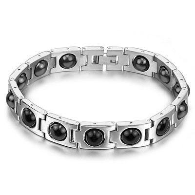 Men Titanium Steel Magnetic Therapy Bracelet Industrial Polished Silver Chain With Round Black Magnetic Beads Minimalist Jewelry Gift For Men
