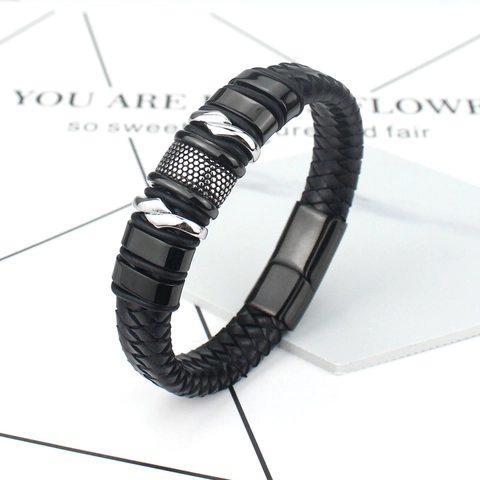 Herren Geflochtenes Lederarmband Mit Edelstahl Magnetverschluss Punk Stil Schwarzes Seil Armreif Mode Handgewebtes Schmuck Geschenk