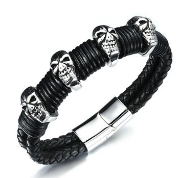 Men Punk Skull Leather Bracelet Stainless Steel Magnetic Clasp Braided Cord Gothic Rock Biker Fashion Jewelry Hand Accessory