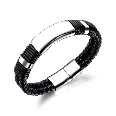 Men's Minimalist Double Braid Leather Bracelet With Titanium Steel Polished Magnetic Clasp Black Silver Casual Jewelry