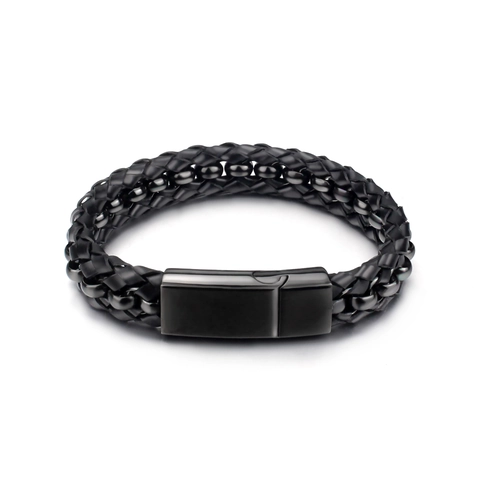 Herren Lederarmband Geflochten Schwarz Mit Edelstahl Magnetverschluss Punk Stil Gewebter Handschmuck Geschenk Für Ihn