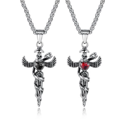 Collana con Ciondolo a Spada e Cuore Gotico in Acciaio Inossidabile Vintage Ali Serpente Strass Intarsiato Gioielli Regalo Uomo